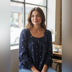 LC Lauren Conrad Dark Blue Blouse with Light Embroidery